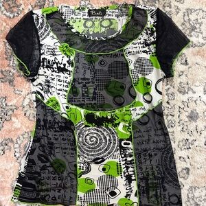 Bali Green, Black & White Graphic Mesh Scoop Neck Top - Bali